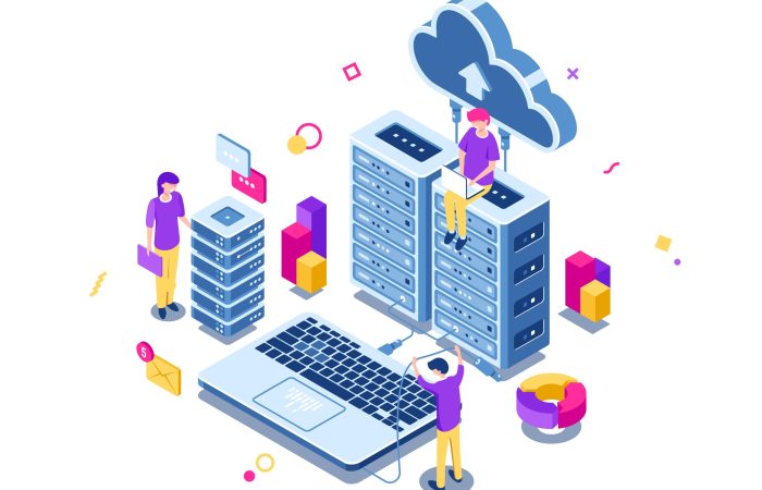 Big data center, server room rack, engineering process, teamwork, computer technology, cloud storage, command work, isometric people vector illustration